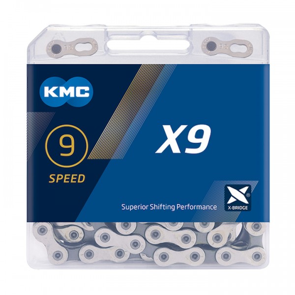 KMC Fahrrad Kette X9 Kompatibilität: 9-fach | SB-Verpackung | silber / grau | 122 Glieder