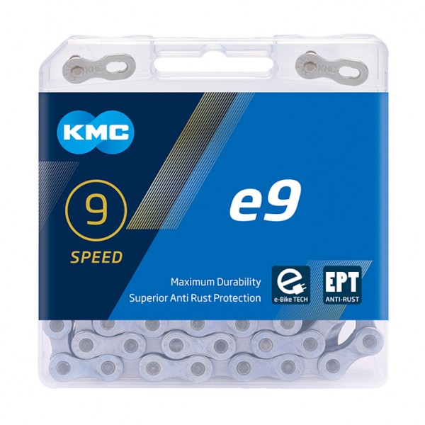 KMC Fahrrad Kette e9 EPT E-Bike Kompatibilität: 9-fach | SB-Verpackung | silber | 136 Glieder